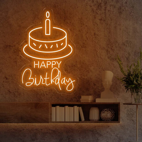 Happy Birthday LED Neon Sign with Cake – Perfect for Party D